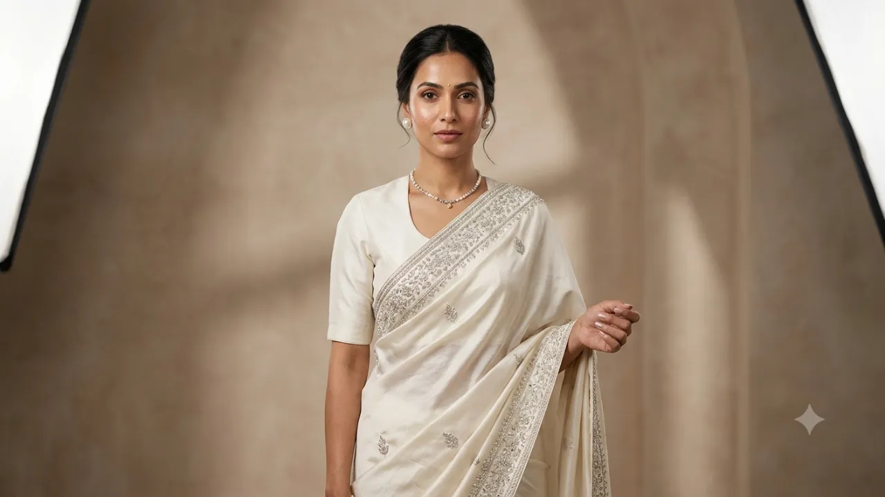 6. Elegant White Saree Studio Portrait Image