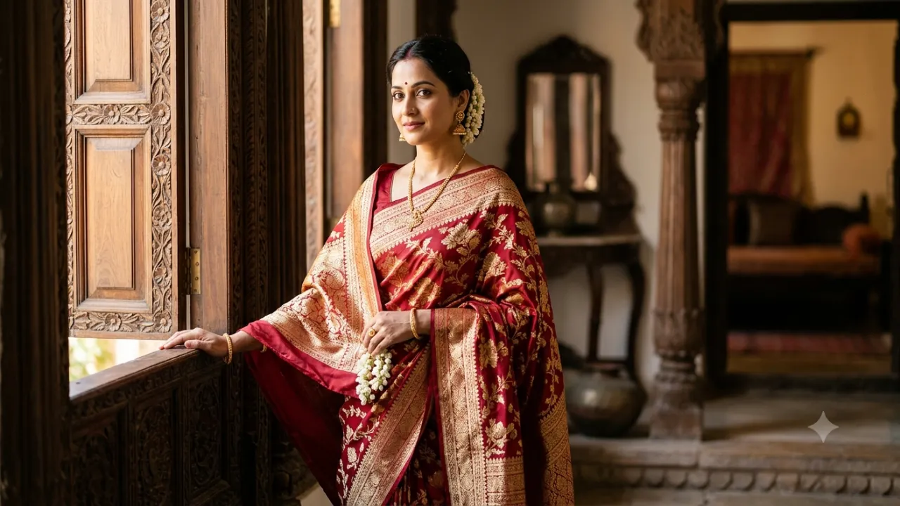 1. Royal Red Banarasi Saree Portrait