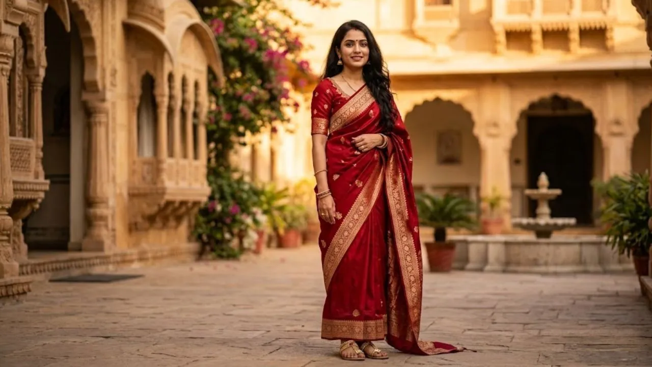 1. Elegant Standing Pose in Red Saree