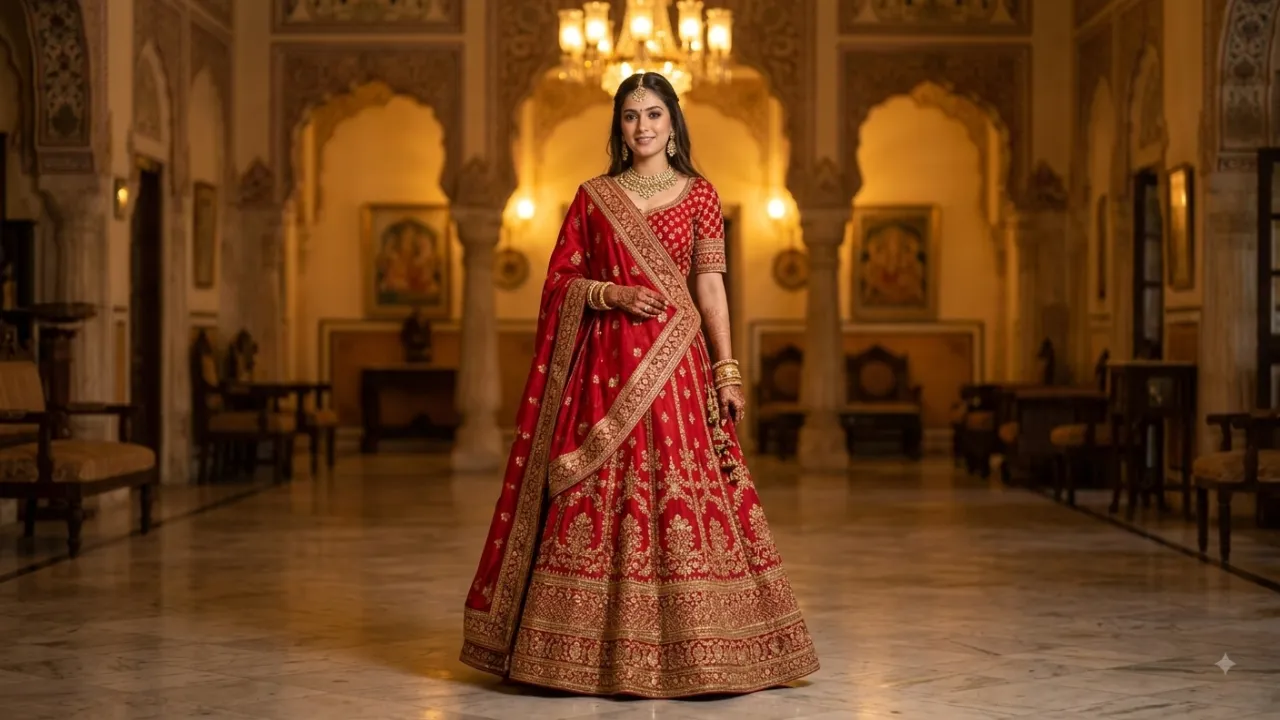1. Royal Red Lehenga Girl